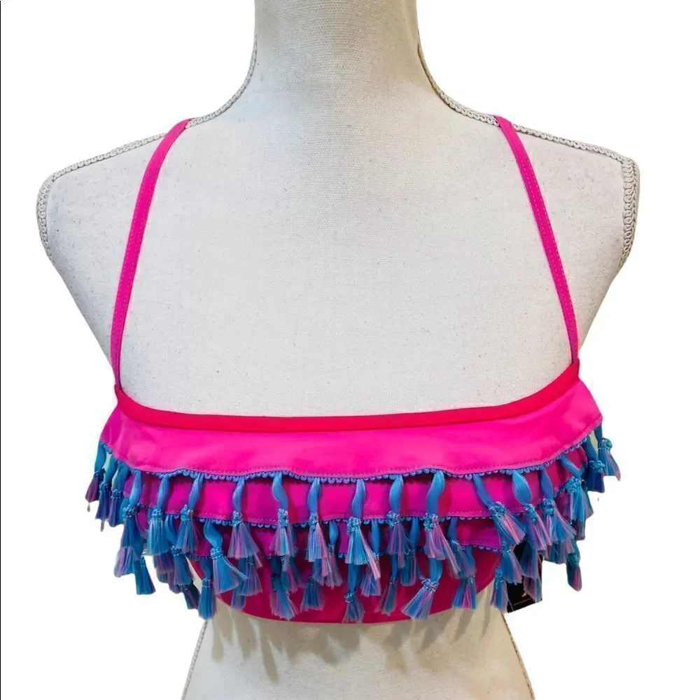 NWT vigoss swim pink active top with turquoise fringe adjustable straps tie